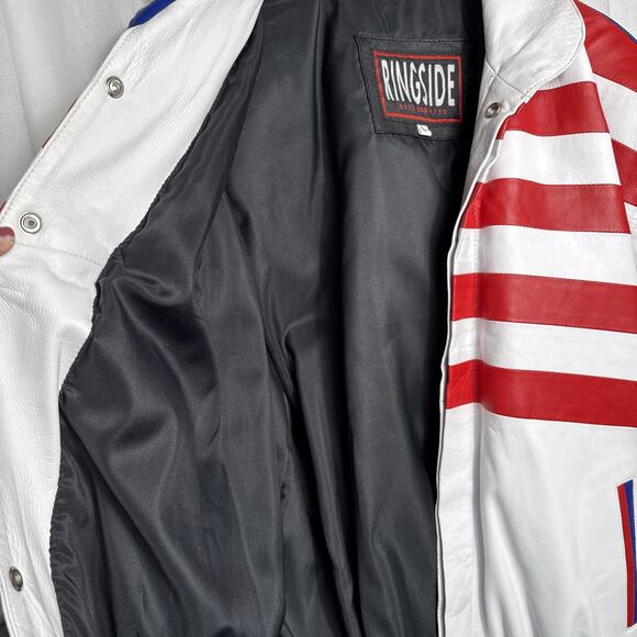 Vintage USA Boxing Leather Bomber Jacket Men's Size L Red White Blue Ringside KS - Picture 9 of 14